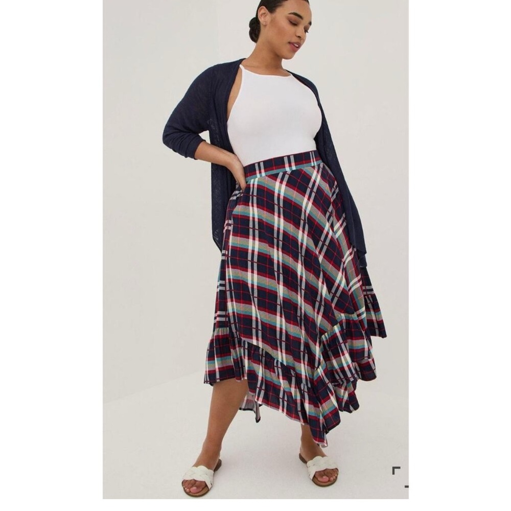 Torrid Blue and Red A-Line Midi Skirt Asymmetrical